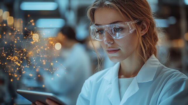 Researchers in laboratory analyzing data on digital tablets during a collaborative session