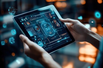Person using futuristic digital interface on tablet