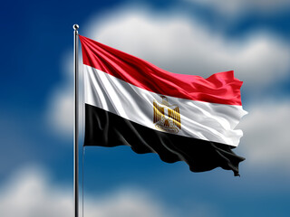 Egypt flag flying on blur blue clouds background.