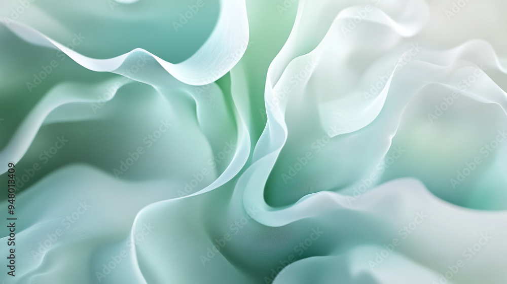 Poster Abstract close-up of flowing translucent fabric with soft green and white hues creating a serene and calming effect