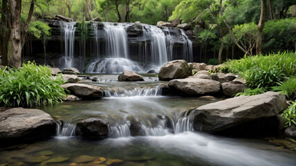 Fototapeta premium Serene Multi-Tiered Stone Waterfall Cascading into Calm Pond, Grass beside small waterfall
