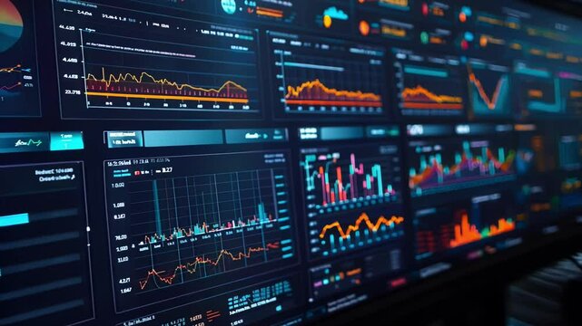 Modern control panel is displaying various charts and data sets, providing insights and facilitating data driven decision making for innovative production processes