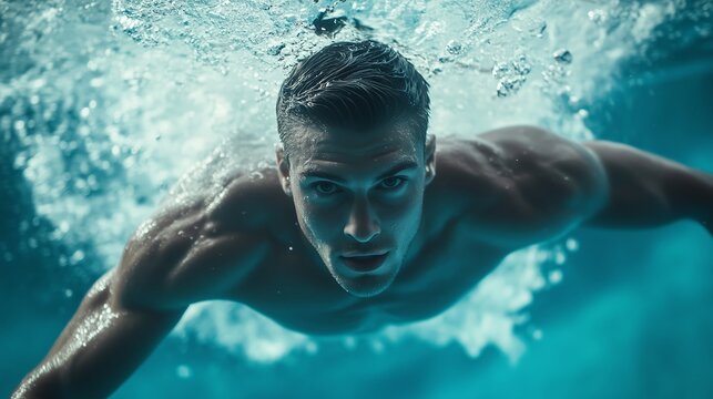 A muscular swimmer propelling through the clear blue water during a midday practice session in a swimming pool