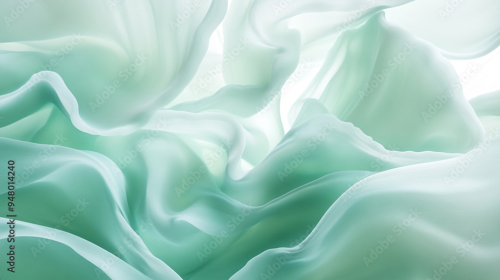 Poster Softly flowing green fabric waves in gentle light, creating an ethereal atmosphere in a tranquil setting