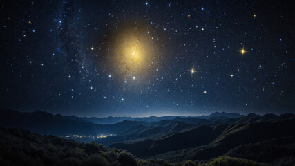 Fototapeta premium Starry night sky over mountain landscape with glowing celestial bodies and distant village lights.