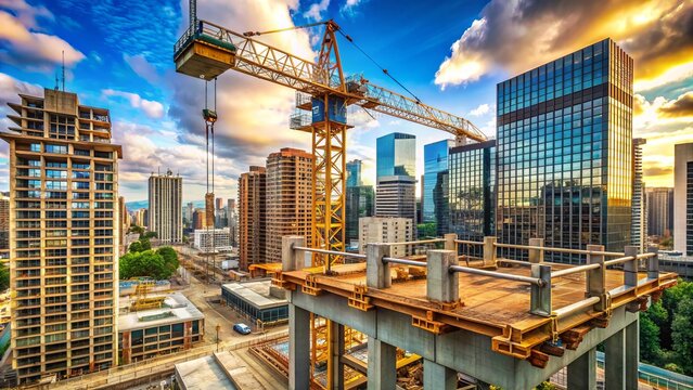 Crane towering above cityscape, steel beams and concrete pillars rising from urban streets, capturing the dynamic progress of modern construction in busy metropolitan area.