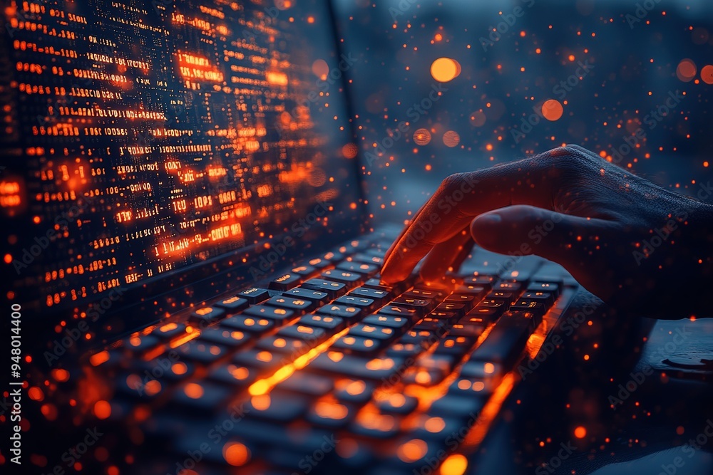 Poster a person is typing on a computer keyboard with a glowing screen behind them