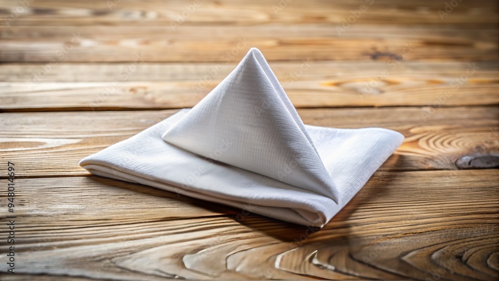 Wall mural crisp white napkin folded into a neat triangle, sitting alone on a clean wooden table, soft focus, a