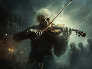 Fototapeta premium Eerie Skeleton Playing Violin in Haunted Forest with Ghostly Figures in Background