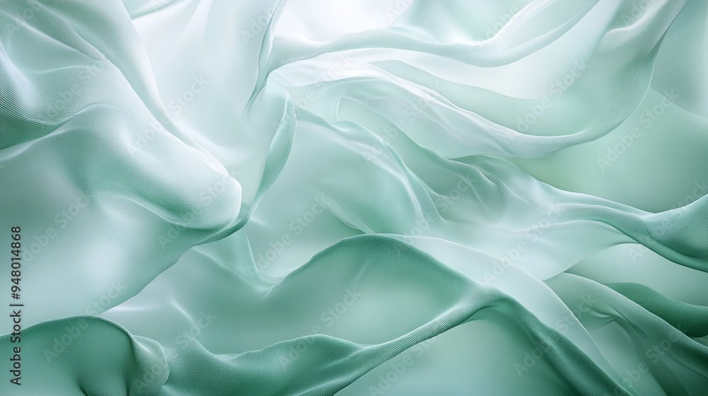 Poster soft green fabric gently flowing in light with delicate textures, creating an ethereal atmosphere in