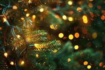 Fototapeta premium Festive Christmas background with a close - up of twinkling Christmas tree lights
