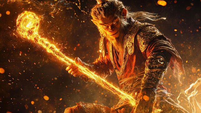 Monkey King with Glowing Staff in Action
