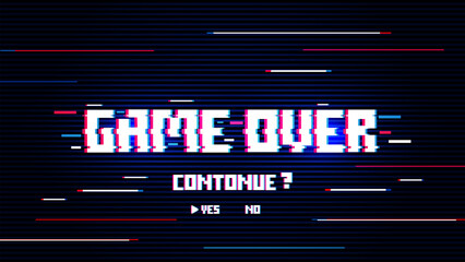 Game over background, glitch pixels device screen.Pixel Game Over, 8-bit Pixel Game Over.	