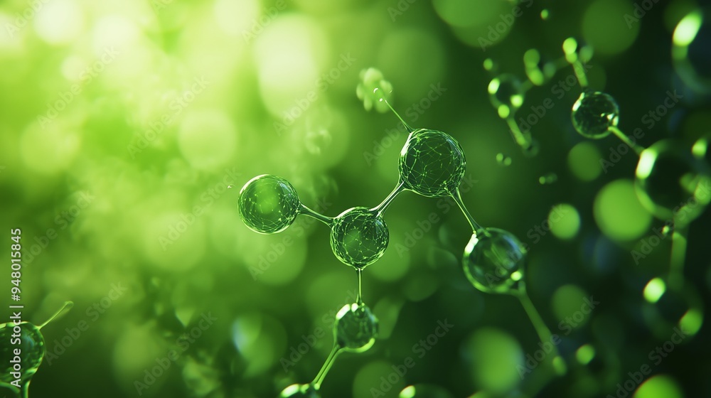Poster abstract representation of molecular structures under green light showcasing scientific exploration 