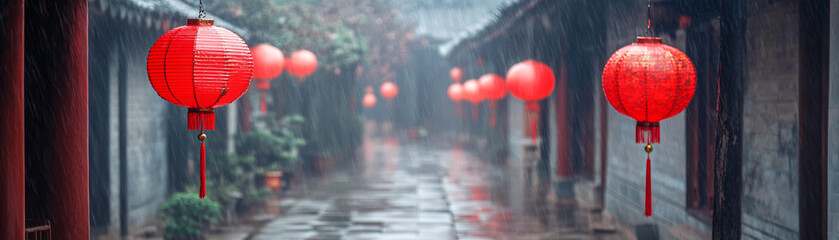 Obraz premium A street with red lanterns hanging from the ceiling