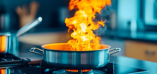 A vibrant kitchen scene featuring a pot with flames, showcasing the dynamic energy of cooking and culinary creativity.