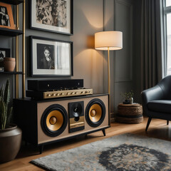 Stylish Living Room with Modern Stereo System, Floor Lamp, and Framed Photography for a Cozy Atmosphere