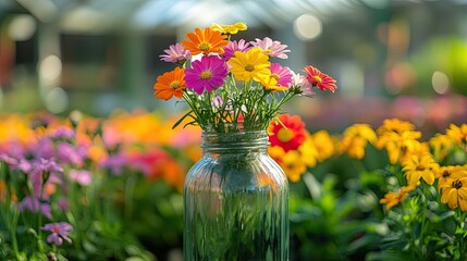 5. A colorful flower garden blooming inside a tall glass bottle, with bright daisies, marigolds, and pansies, all thriving under the controlled environment