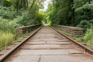 Obraz premium A train track with a bridge over it. The bridge is made of stone and the train tracks are made of wood. The image has a peaceful and quiet mood