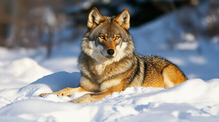 Obraz premium Wolf laying in the Snow in Caucasus. --ar 16:9 --v 6.1 Job ID: 243c4caf-426e-496c-9042-972d2be1cfa1