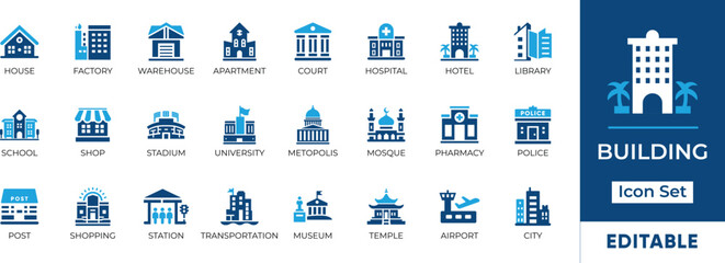 Building Icon Set featuring various structures and landmarks. Ideal for city maps, real estate projects, and architectural presentations. Editable vector graphics for customization.