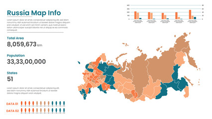 Blue detailed map of Russia with States administrative divisions. Political Russia map vector illustration.