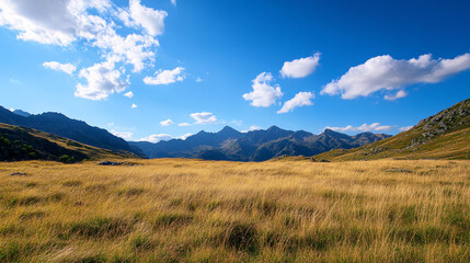 A vast, open field with a clear blue sky and a few clouds. The sky is so clear that it almost looks like a painting. The field is full of tall grass
