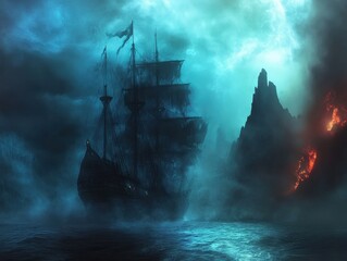 Fototapeta premium Mysterious Pirate Ship Sailing Through Foggy Waters Near Rocky Cliffs with Fiery Eruption in the Background