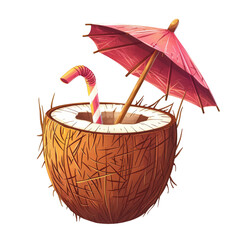 A vibrant coconut drink with pink umbrella and striped straw evokes tropical paradise. image radiates fun and refreshing vibe. 