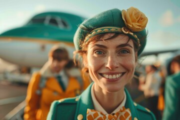 Flight attendant welcoming passengers at airport during boarding process