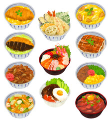 いろんな丼ぶりのイラストセット　丼もの