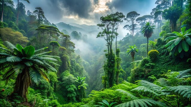 Dense, misty Sinharaja Forest Reserve in Sri Lanka, with towering trees, vines, and ferns, creating a lush, emerald green, tropical rainforest landscape.