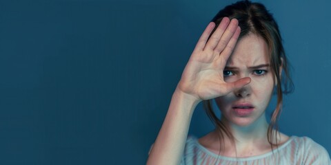 Obraz premium A woman showing gesture STOP. Violence against women concept. Woman in fear of domestic abuse. Isolated on blue background banner. Woman in fear of domestic abuse. Isolated on blue background banner.