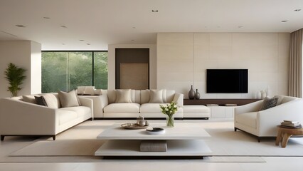  Sofa against fireplace in room with arch window and ceiling. Mediterranean interior design of modern living room. 
