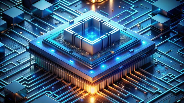 Detailed futuristic isometric illustration of a central processing unit, showcasing intricate circuitry, wires, and microchips, surrounded by glowing blue lights and digital patterns.