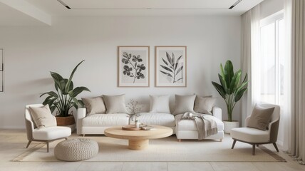 Contemporary Living Space Featuring White Sofa, Wooden Coffee Table, and Greenery
