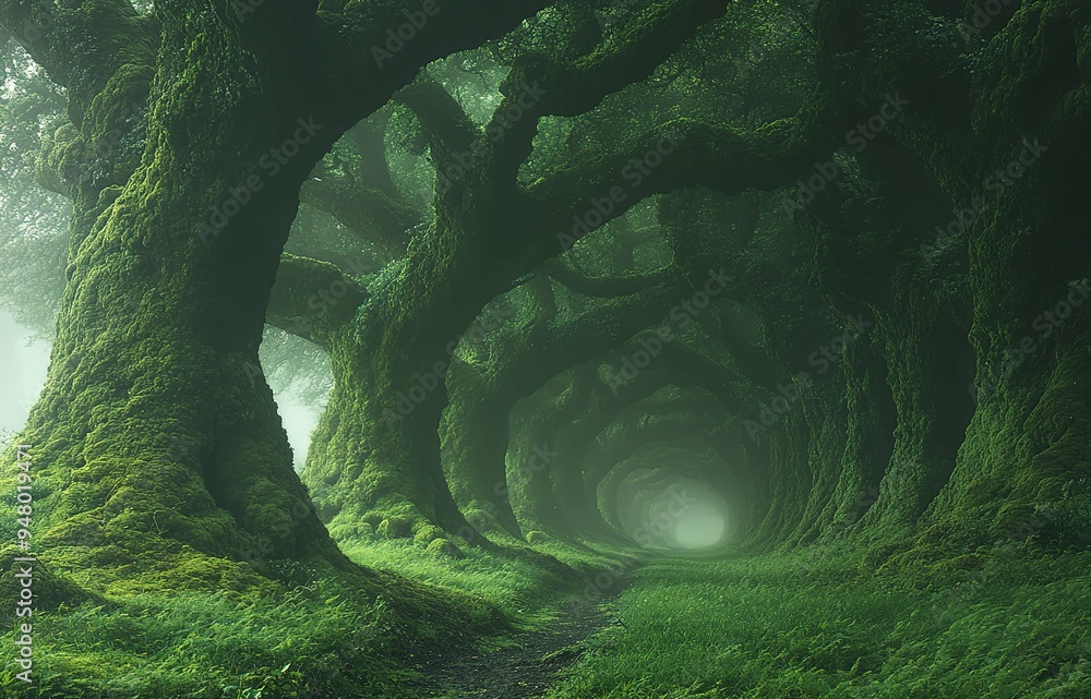 Poster a forest with a long path that is surrounded by trees