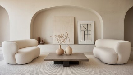 Sophisticated Minimalist Living Space Featuring Textured Sofas and Abstract Art