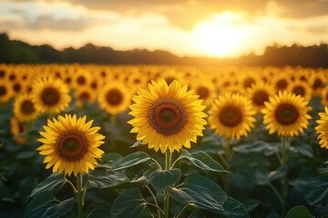 Fototapeta premium A field of sunflowers with a single sunflower in the foreground