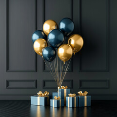Celebratory Composition: An exquisite arrangement of gold and navy balloons soars above elegantly wrapped gift boxes, suggesting a moment of celebration and refinement.