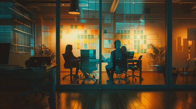 Late Night Strategy Session in Glass Office with Sticky Notes and Urban Business Goals