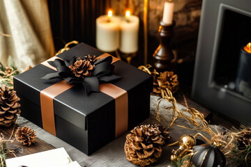Dark gift boxes with ribbon and bows on bokeh background. Holiday gift, Birthday top view. Christmas giftbox, Black friday concept image