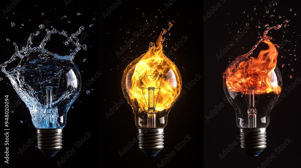 Sticker water, fire, and light bulbs in a creative composition