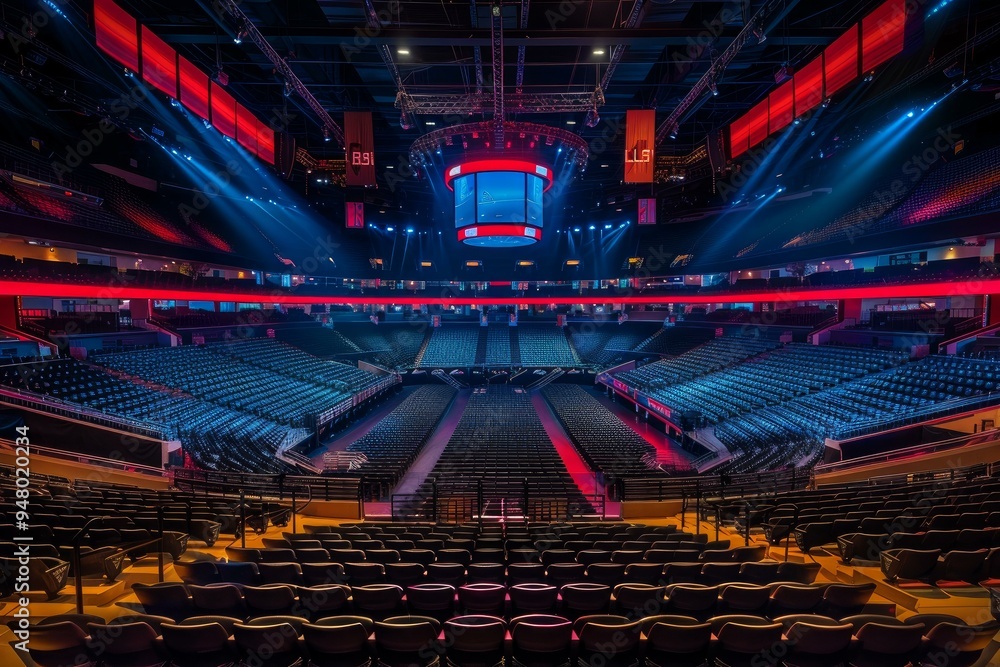 Poster empty seats in an arena illuminated by spotlights awaiting an event to start