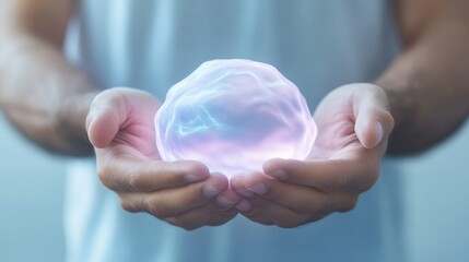 A man is holding a glowing, translucent ball in his hands