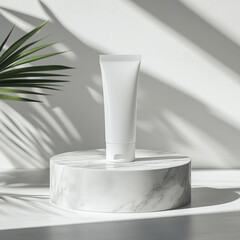 Close-up of sunscreen skin care cream tube blank packaging tube of face cream on yellow white background.


