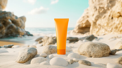 raelistic Sunscreen cream tube mockup on sand beach with sea side background. Sun safety, spf uv-protect cosmetic products, skin care cream