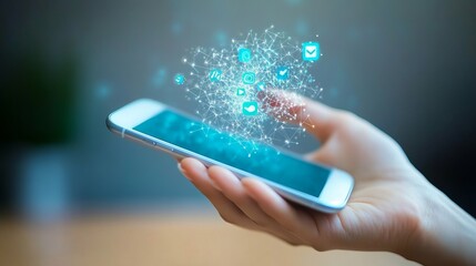 smart phone in hand with social media icon coming out of it