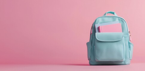 Fototapeta premium Turquoise backpack and stacked books against a pink background Generative AI