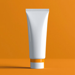 Close-up of sunscreen skin care cream tube blank packaging tube of face cream on yellow white background.



